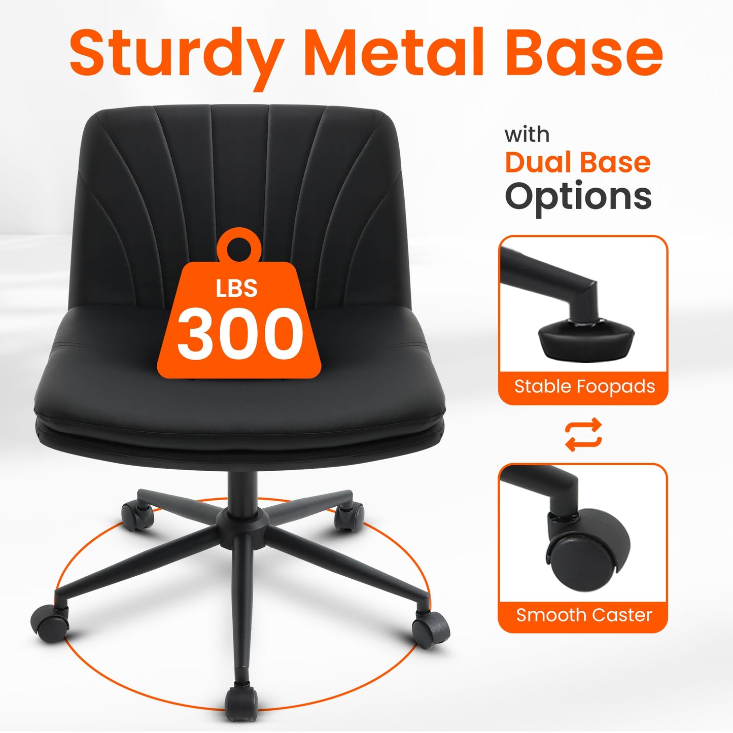 Orange Factory Criss Cross Chair with Wheels Comfy Wide Vanity Desk Chair Dual Base Leather Armless Adjustable Swivel for Home Computer Task (Black Pu, Faux Leather)
