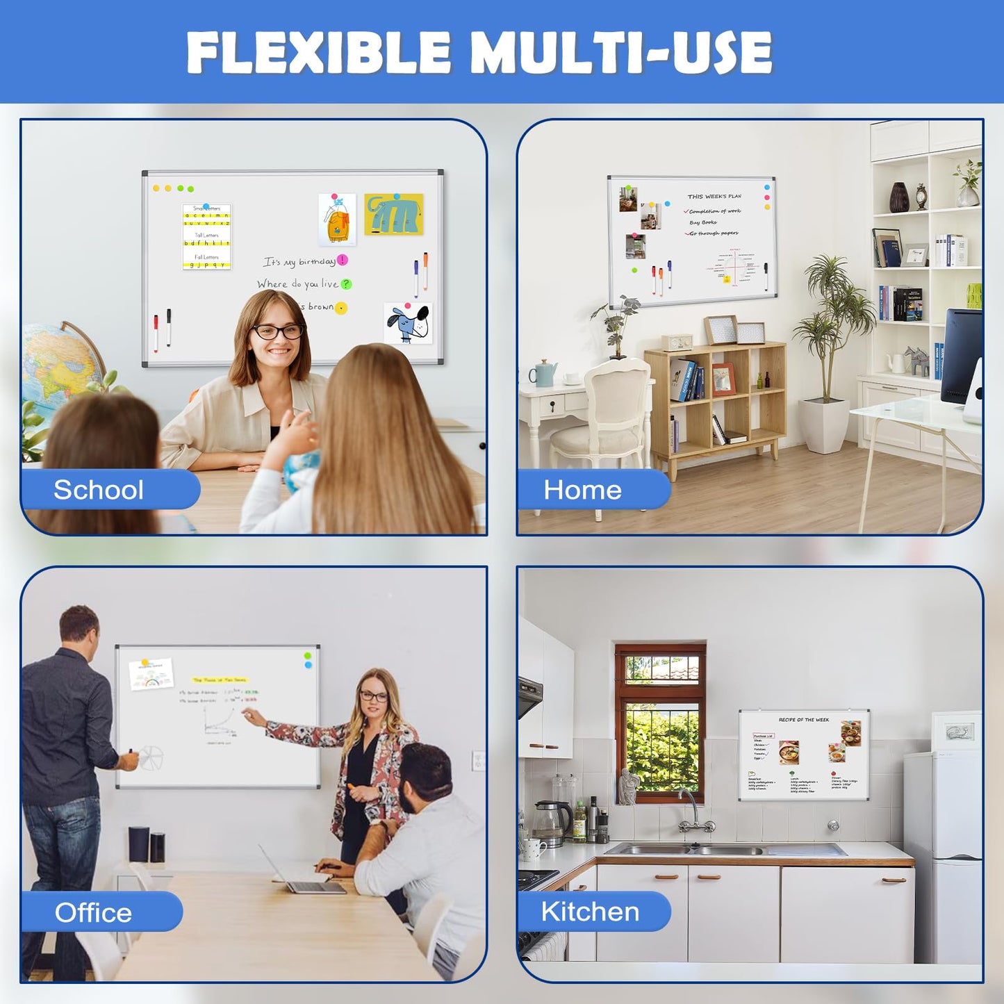 WALGLASS 2 Pack White Board, 24" x 18" Double-Sided Dry Erase White Board for Wall, Hanging Mounted Whiteboard, Horizontal or Vertical Silver Aluminium Frame for Home, School, Office, Kitchen