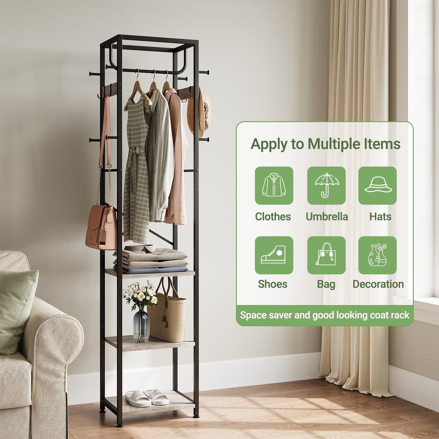 ELYKEN Coat Rack Freestanding, Hall Tree with 3 Storage Shelves and 12 Hooks, Industrial Clothes Rack Stand Organizer for Bedroom, Hallway, Entryway, Office, Living Room, Greige