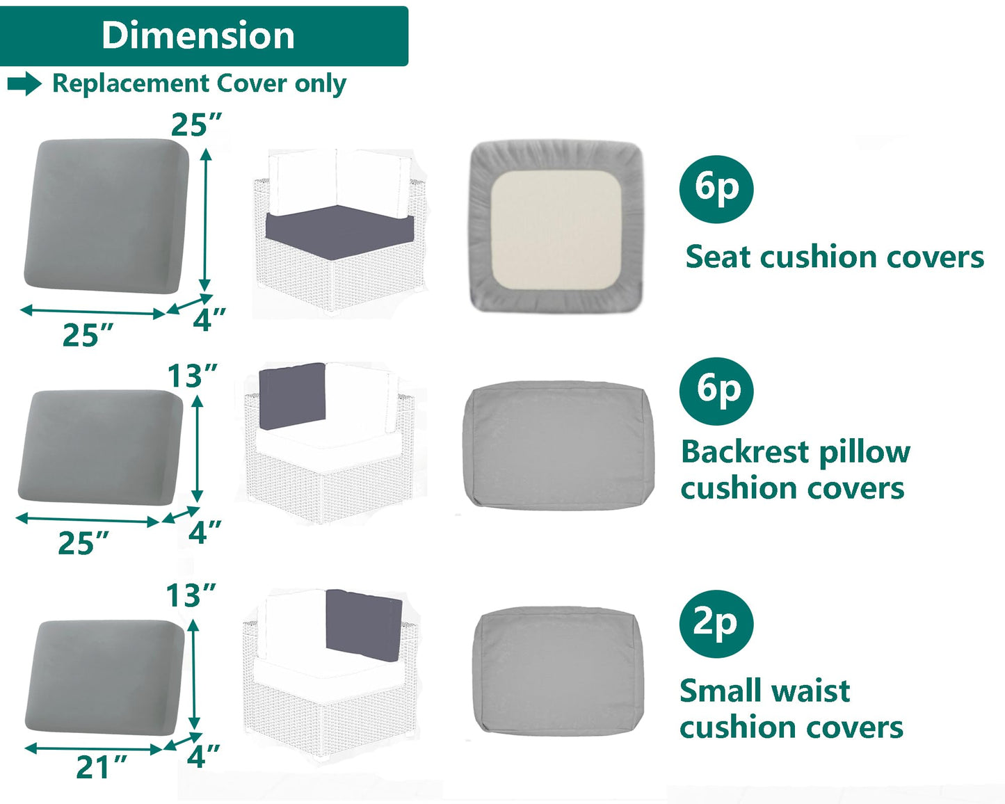 TECOSARA Outdoor Cushion Covers Replacement 14 Pcs Patio Cushion Covers fit for 7Pieces 6-Seater Wicker Rattan Sectional Couch Sofa Outdoor Cushion Slipcovers Set Seat and Back Cover Only, Grey