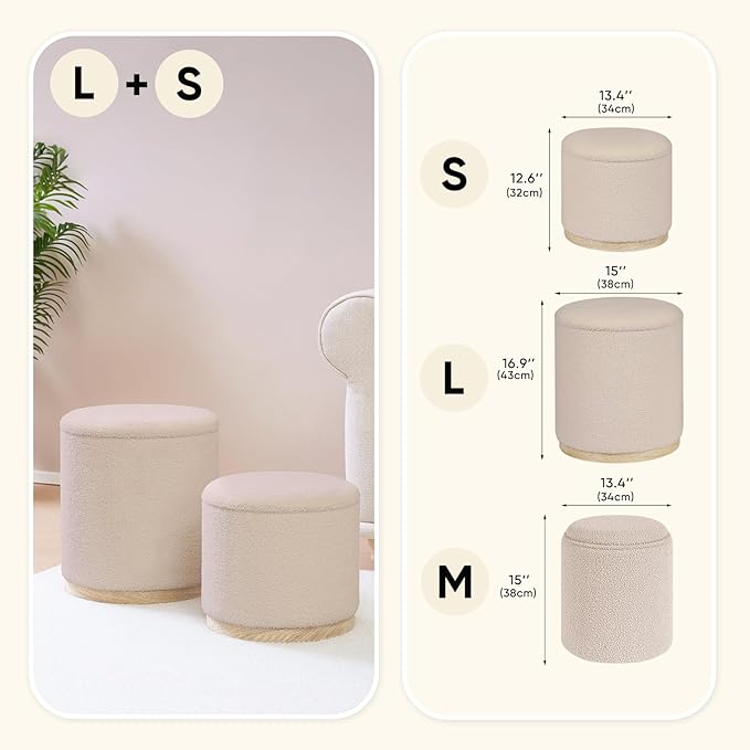 PINPLUS Round Ottoman with Storage Set of 2, Vanity Stool with Storage