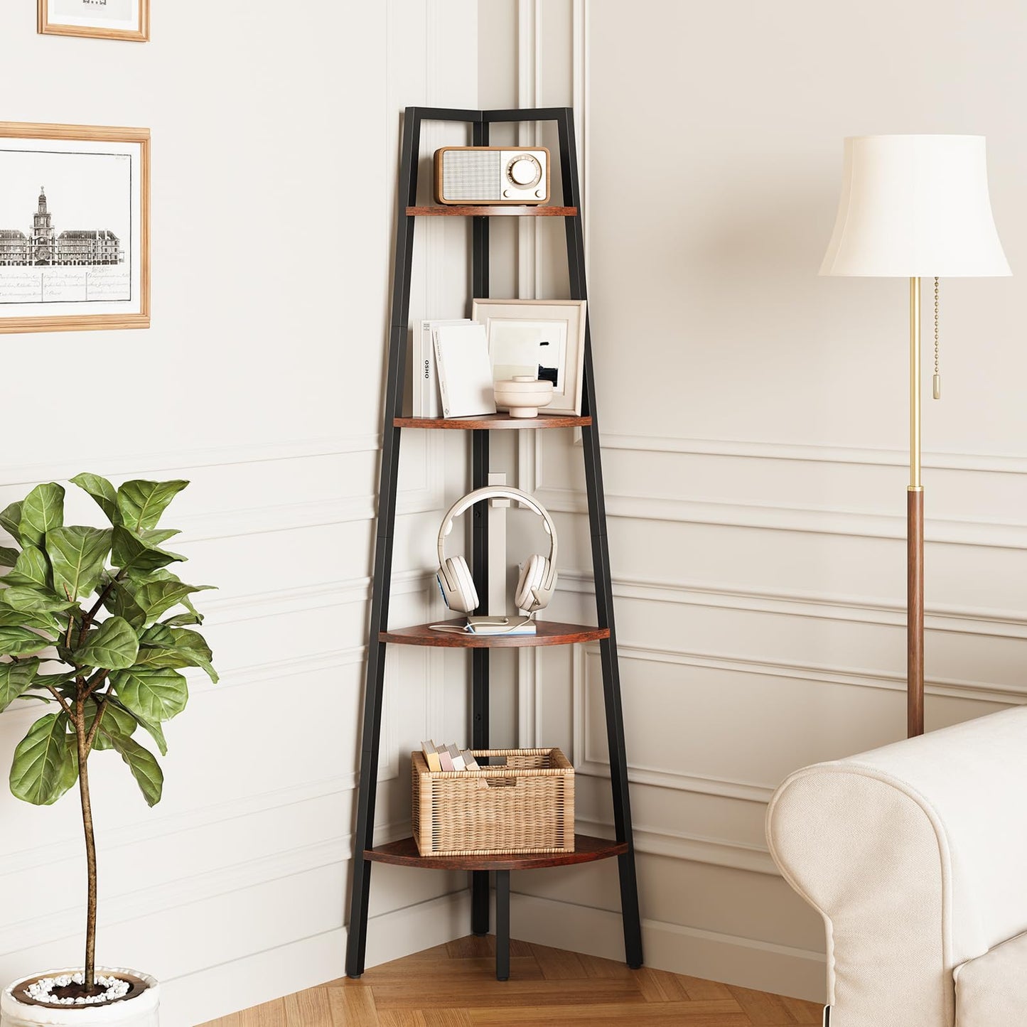 Yoobure Corner Shelf, 4-Tier Corner Bookshelf with Metal Frame & Wood Ladder Shelves - Display Shelf & Tall Bookcase, Plant Stand for Home Decor - Bedroom, Living Room, Office