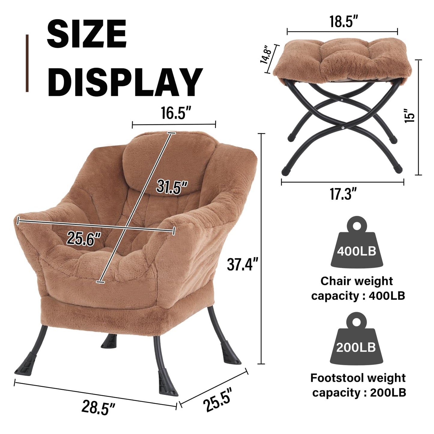 SESHINELL Lazy Chair with Ottoman, Modern Accent Chair Lounge Leisure Sofa Chair with Armrests, Reading Chair and Folding Footstool for Living Room, Bedroom, Office, Plush Brown