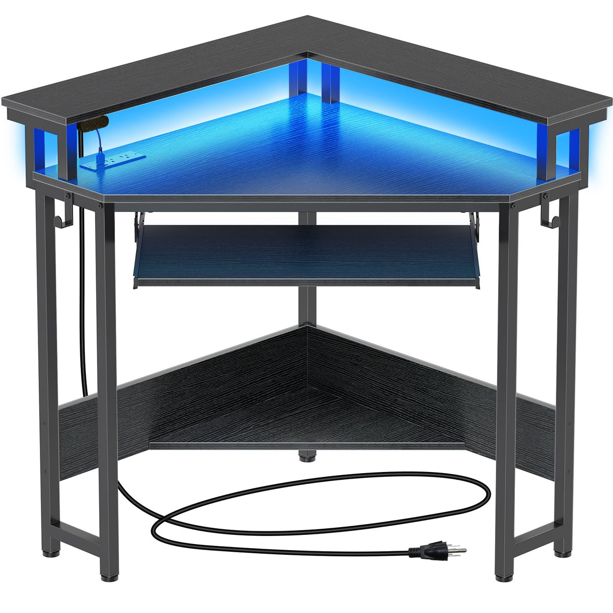 Rolanstar Corner Desk,44" W x 34" H Small Computer Desk with Power Outlets, Gaming Desk with LED Lights, Triangle Corner Table with Keyboard Tray & Monitor Stand for Small Space, Black