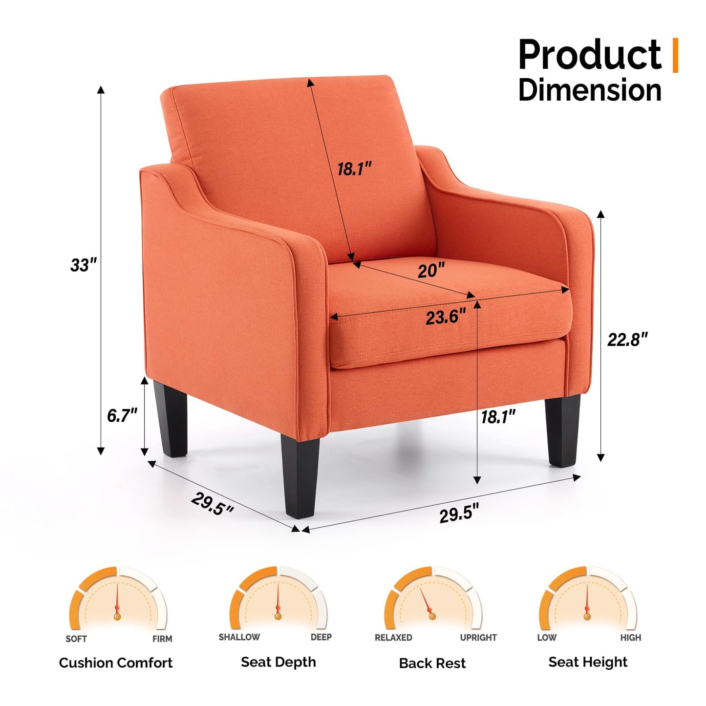 VINGLI Burnt Orange Mid Century Modern Accent Chair for Living Room & Bedroom, Scooped Arm, Upholstered Comfy Chair for Apartment, Waiting Room