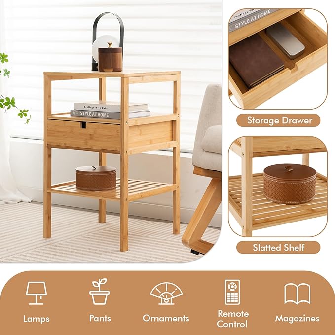 Giantex Bamboo Nightstands Set of 2, Wood Side Tables