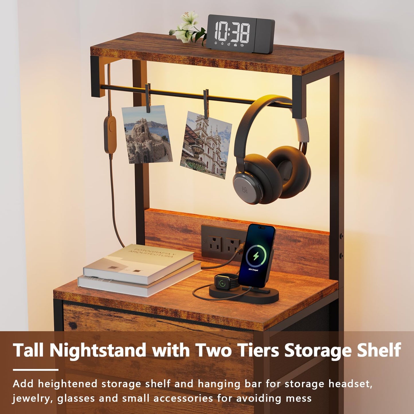Furnulem Night Stand with Charger Station, 38'' Tall Nightstand with 4 Fabric Drawers and LED Lights, Bedside Table with Storage Shelf for Bedroom, Office, Metal Frame, Wood Shelves, Rustic Brown