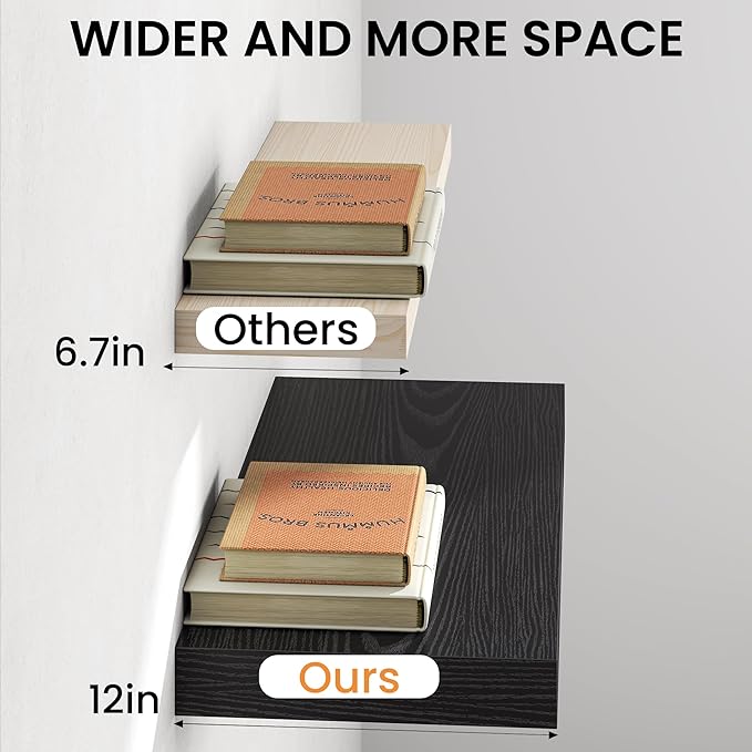 36Inch Black Floating Shelves for Wall, 12 Inch Deep Shelves for Bedroom