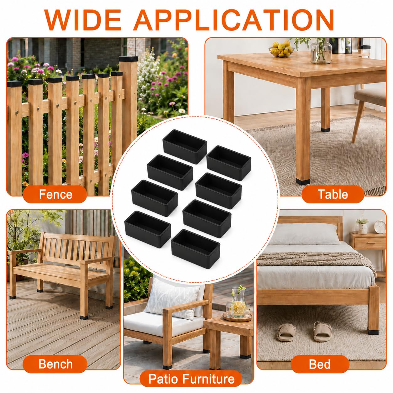 8 Pack 2x4 Rubber End Caps for Wood Posts, 1.5" x 3.5" Rectangle Furniture Leg Caps, Waterproof Rubber Foot Covers for 2x4 Lumber, Table Legs, Armrests and Outdoor Wood Posts