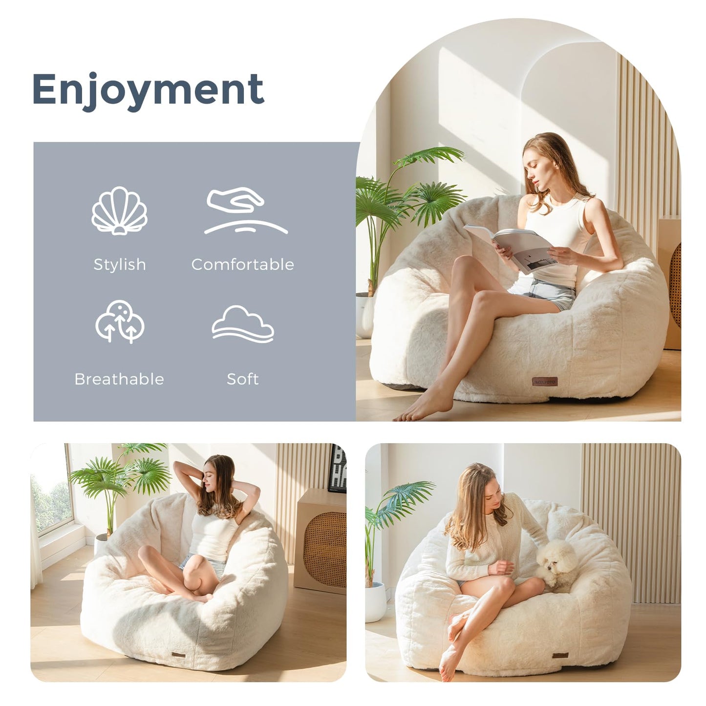 MAXYOYO Giant Bean Bag Chair, Oversized Bean Bag Couch for Adults and Kids, Faux Fur Shell-Shaped Large Chair with Filler, Stuffed Big Accent Sofa Lounge Floor Sofa for Reading, Beige, Standard
