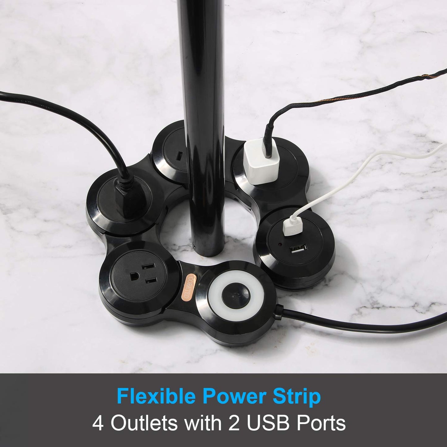CORATED Flexible Power Strip Surge Protector with 2 USB Ports and 4 Outlets for Home, Office and Travel (9Ft Long Cord, Black)
