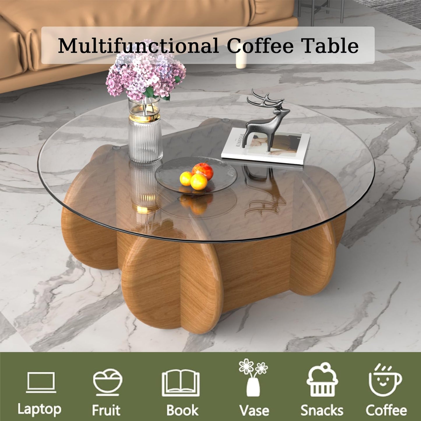 TATBTCT Transparent Round Glass Coffee Tables Noguchi Elegant Round Coffee Table with Solid Wood Legs and Tempered Glass Tabletop for Living Room Home Small Space Reception Office Tables 31.5"