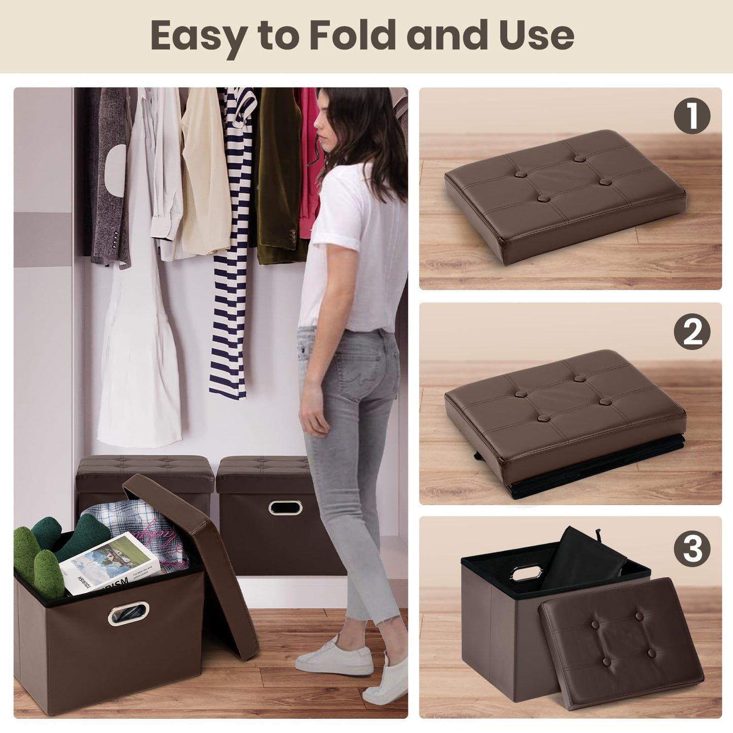 COSYLAND Ottoman with Storage Folding Leather Ottoman Footrest Foot Stool Brown Ottoman for Rooms Small Rectangle Collapsible Bench Furniture with Handles Lid 17x13x13in
