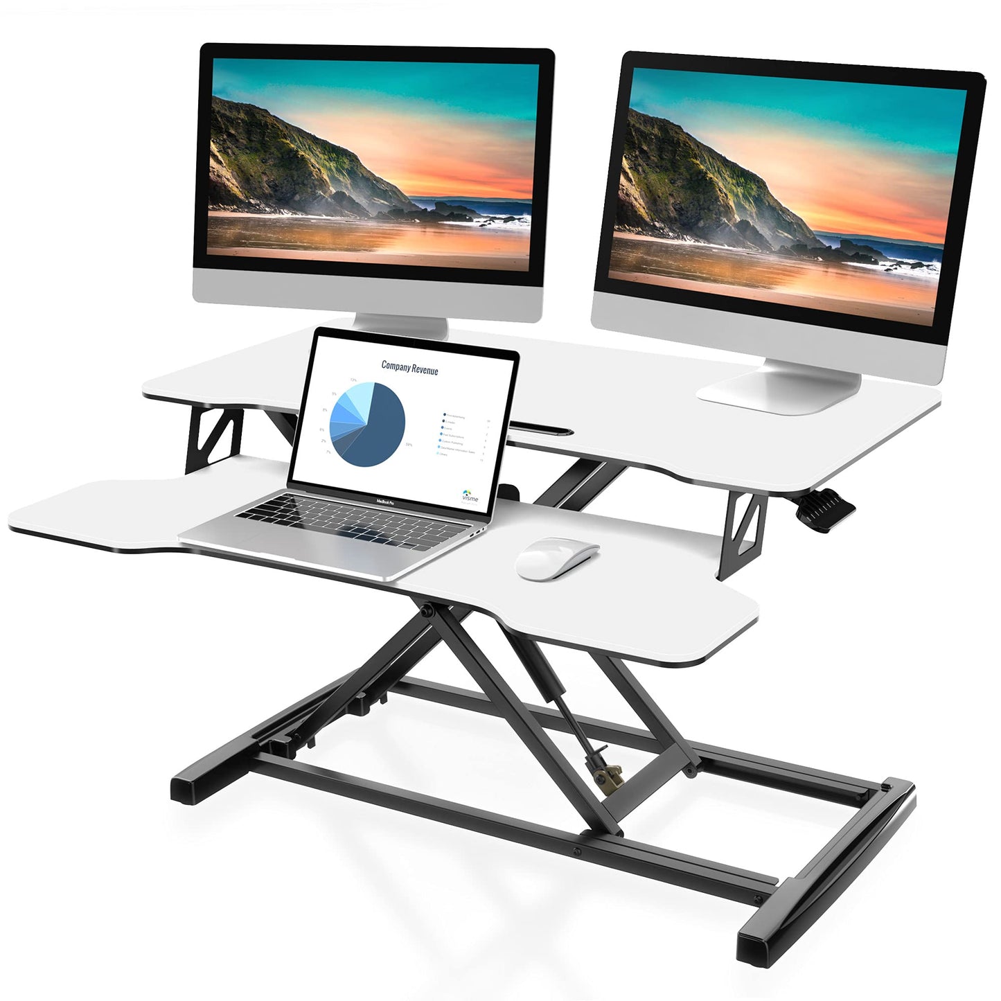 FITUEYES Height Adjustable Standing Desk 32” Wide Sit to Stand Converter Stand Up Desk Tabletop Workstation for Laptops Dual Monitor Riser White SD308003WW