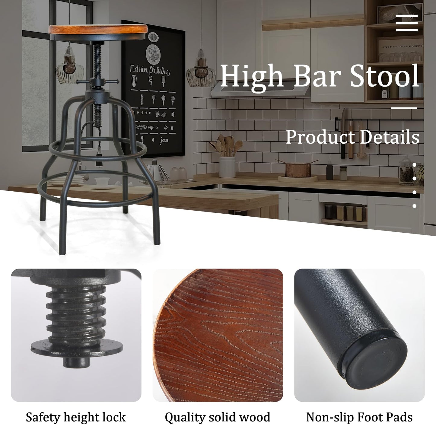 LOKKHAN Vintage Industrial Barstools - 13.8" Dia Round Wooden Brown Seat - Black Metal Base - Adjustable Height: 23.6"-29.5" / Minimalist Design/Raw Rustic Look/Rotating Top Bar Chairs, Set of 2