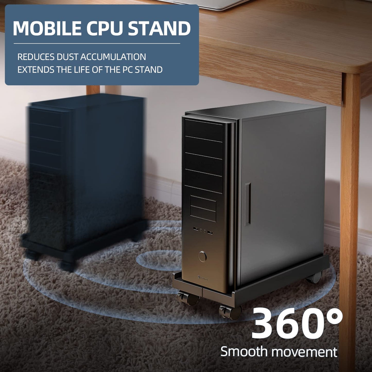 Hovadova Adjustable Mobile CPU Stand, Ventilated Computer Tower Stand with 4 Caster Wheels Fits Most PC Tower, Under Desk CPU Holder PC Floor Cart Computer Riser for Students and Gamers (Black)