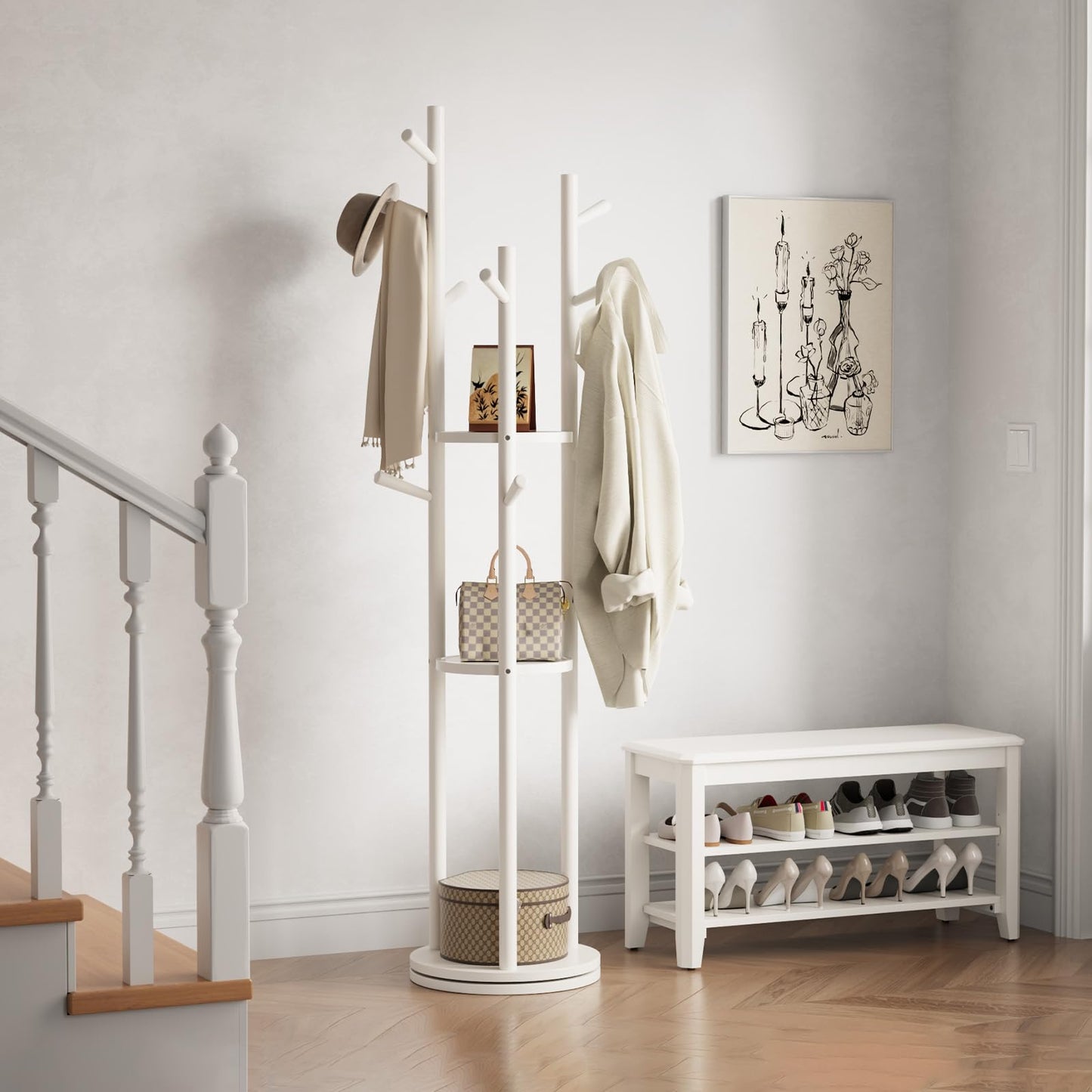 Muwuele Solid Wood Rotary Coat Rack, Freestanding Coat Rack with 3 Shelves and 9 Hooks, Coat tree for Bedroom, Entryway, Livingroom, Coat Hanger Stand for Coats, Scarves, Handbags (White)