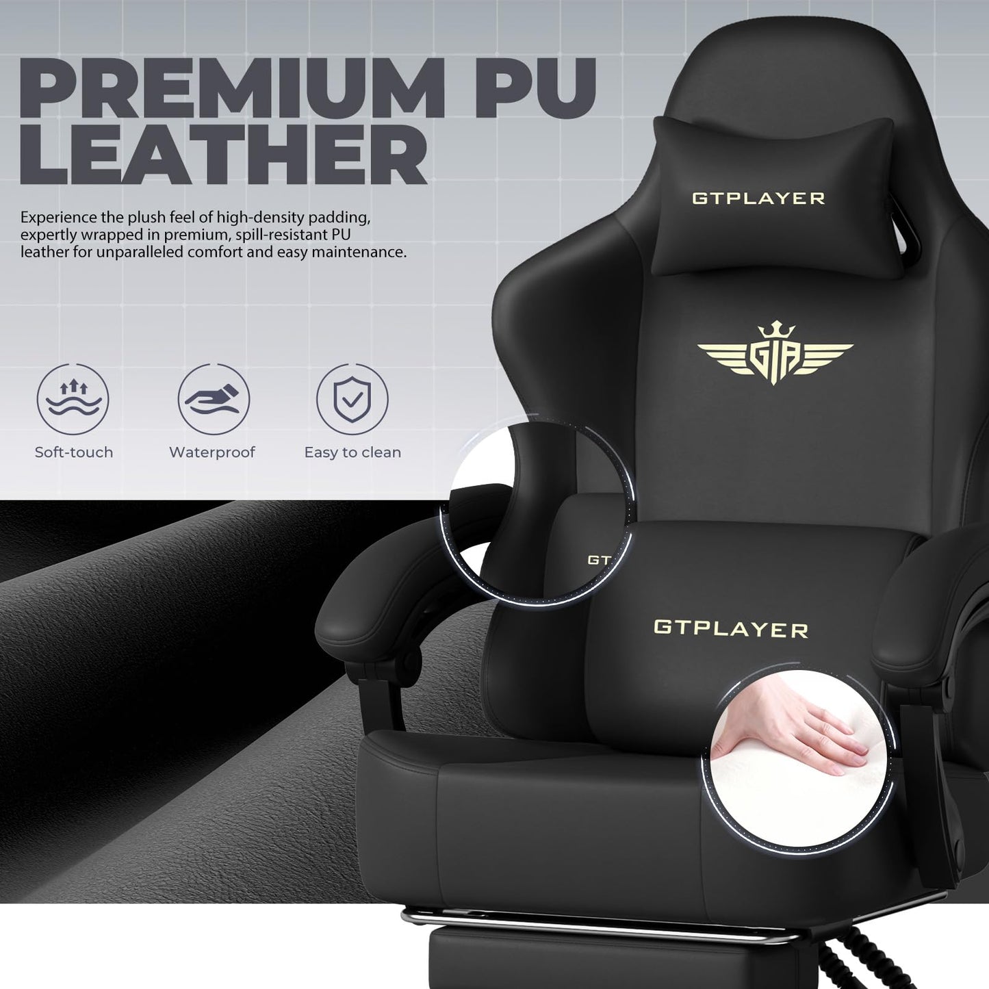 GTPLAYER Gaming Chair with Pocket Spring Cushion, Big and Tall Gamings Chairs 350LBS High Back Computer Chair with Footrest for Adults Lumbar Support Swivel Game Chair for Office,Leather Black-Massage