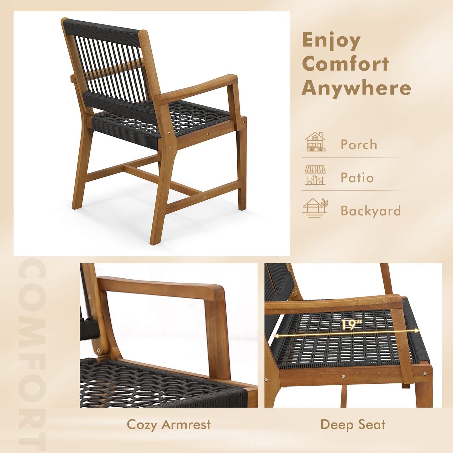 Tangkula Outdoor Acacia Wood Dining Chairs Set of 2, All-Weather Rope Woven Patio Chairs with Armrests, Outdoor Armchairs for Patio, Lawn, Garden, Backyard (1)