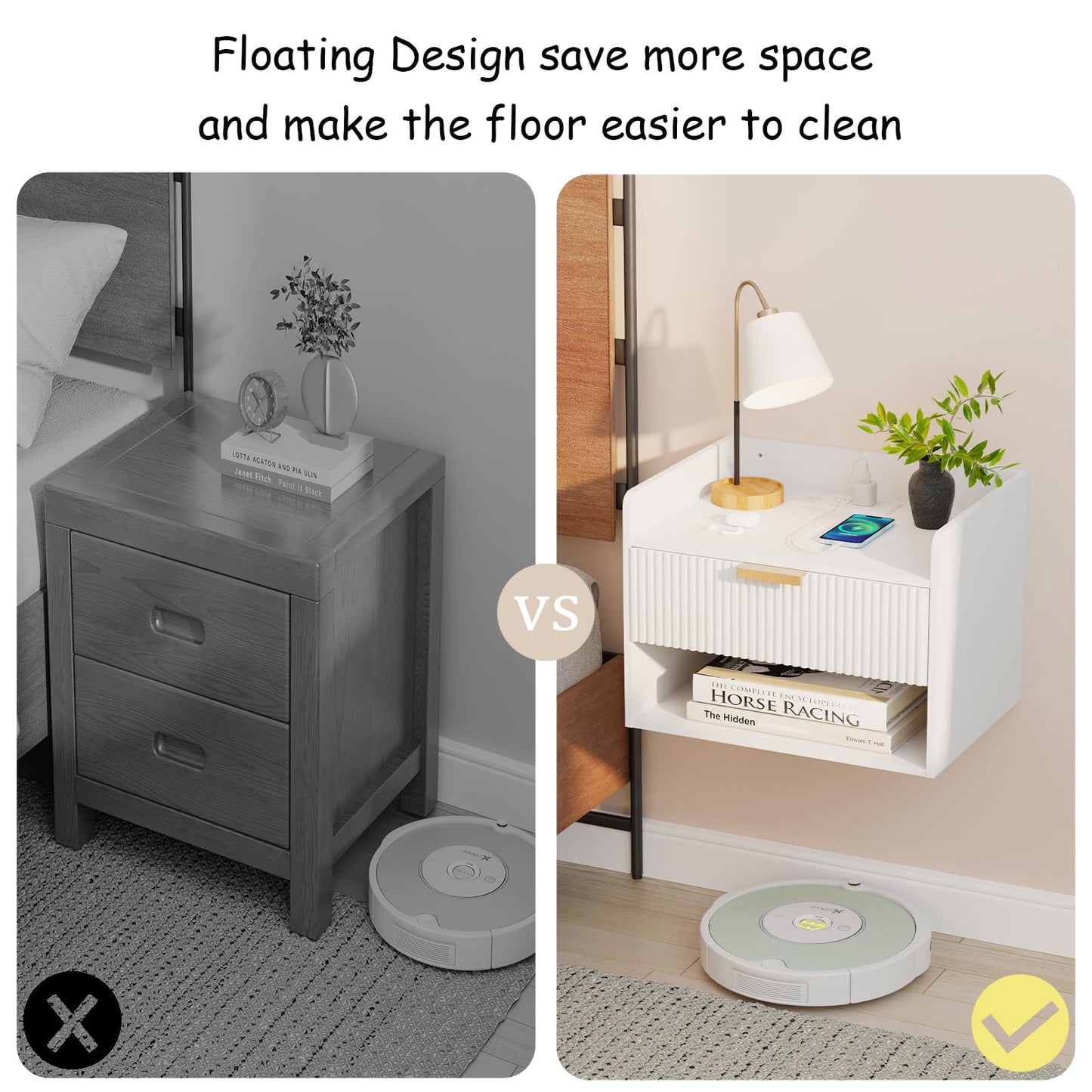 Arbuxzuy Floating Nightstand Set of 2 with Charging Station, Modern Wall Mounted Bedside Table with Drawer & Open Shelf, Minimalist Wooden Night Stand for Bedroom (White)