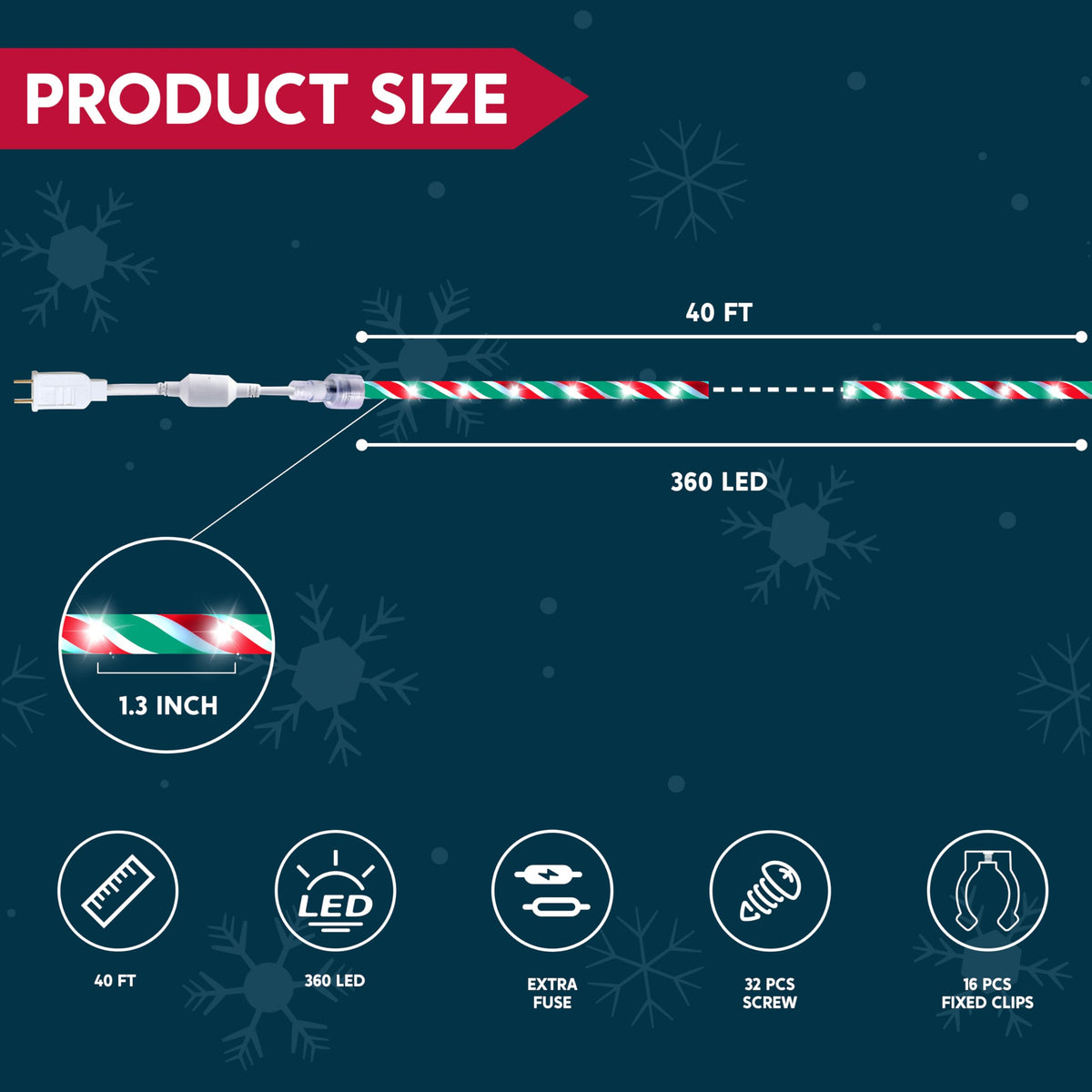 Joiedomi 40FT LED Candy Cane Rope Lights, Waterproof Outdoor 360 LED Christmas Decor Lights for Garden Yard Party Xmas Christmas Holiday Decorations (Red & Green & Cool White)