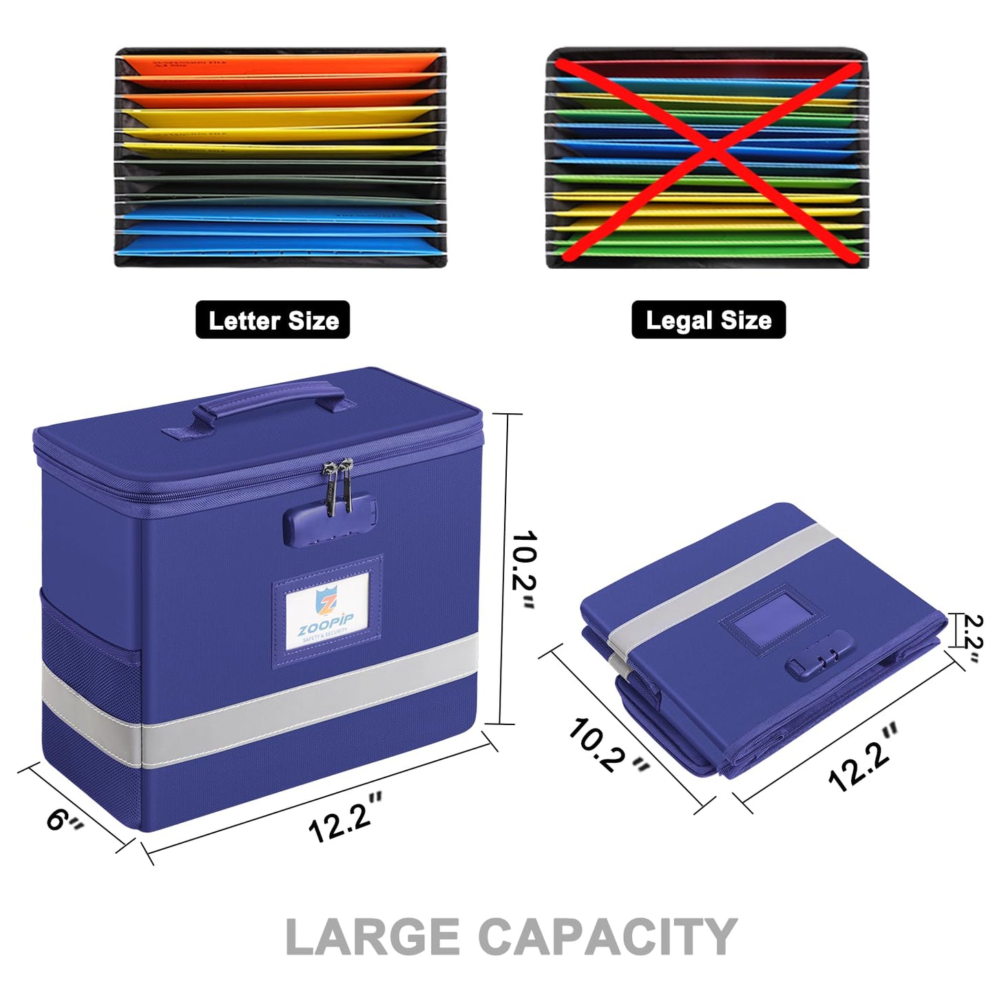 ZOOPIP Fireproof File Box with Lock, Document Box Storage Organizer, Suitable for Hanging File Folders in Letter Size, Collapsible File Box, Reflective Strip for Fast Find (12.2"*6"*10.2, Blue)