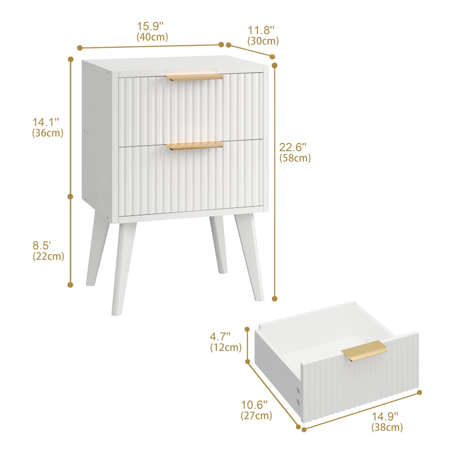 YAUKOMEL Fluted Nightstand with 2 Drawers,Modern Bedside Table with Metal Handles,Side Table with Solid Wood Legs,End Table for Living Room,Bedroom,Small Spcae 11.8" D x 15.7" W x 22.8" H White CTG55W