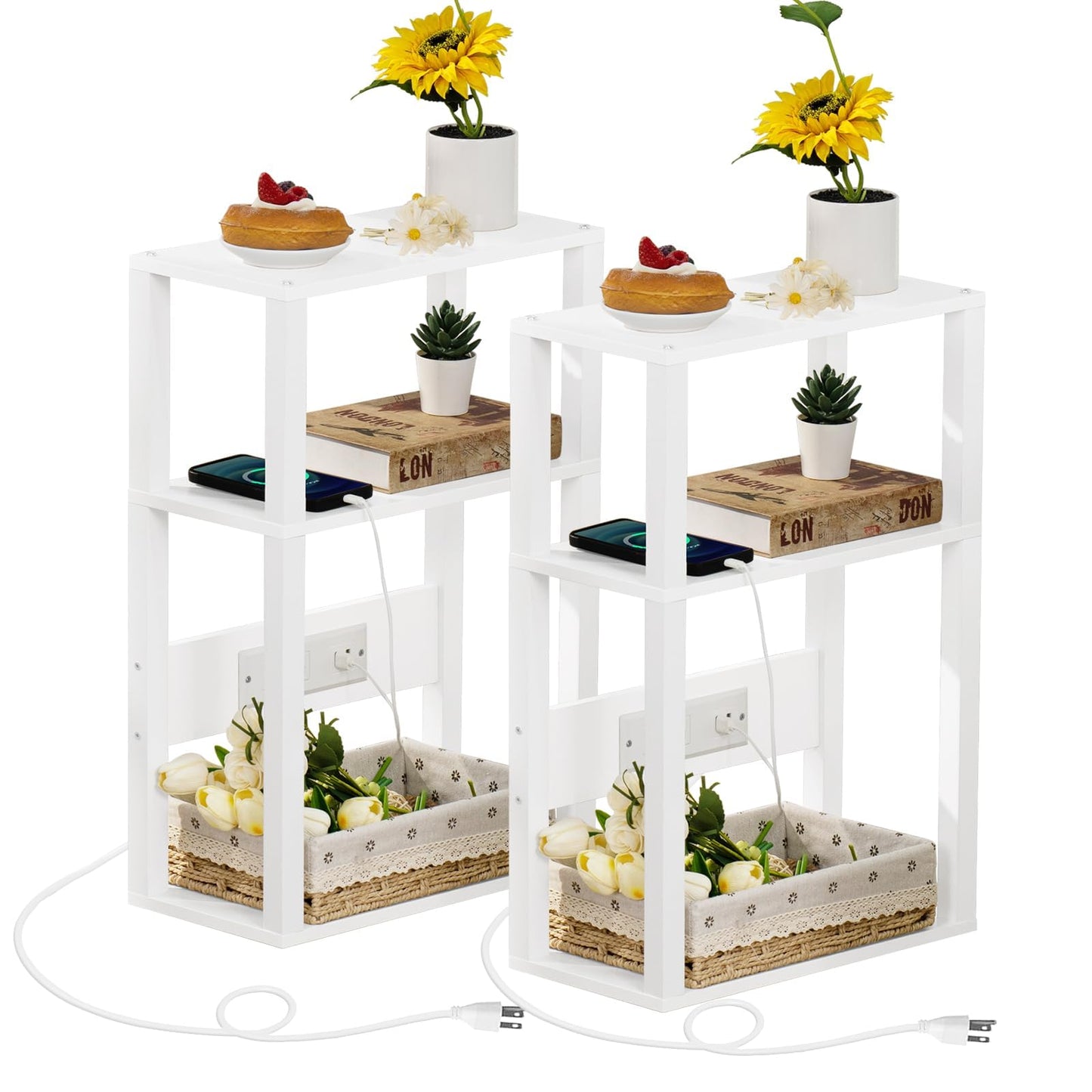 YUFAM 3-Tier Small Narrow Wood Side Table Set of 2 with Charging Station - Skinny Nightstand for Small Spaces, Slim Bedside Table with USB Ports and Outlets - Thin End Table with Storage, White