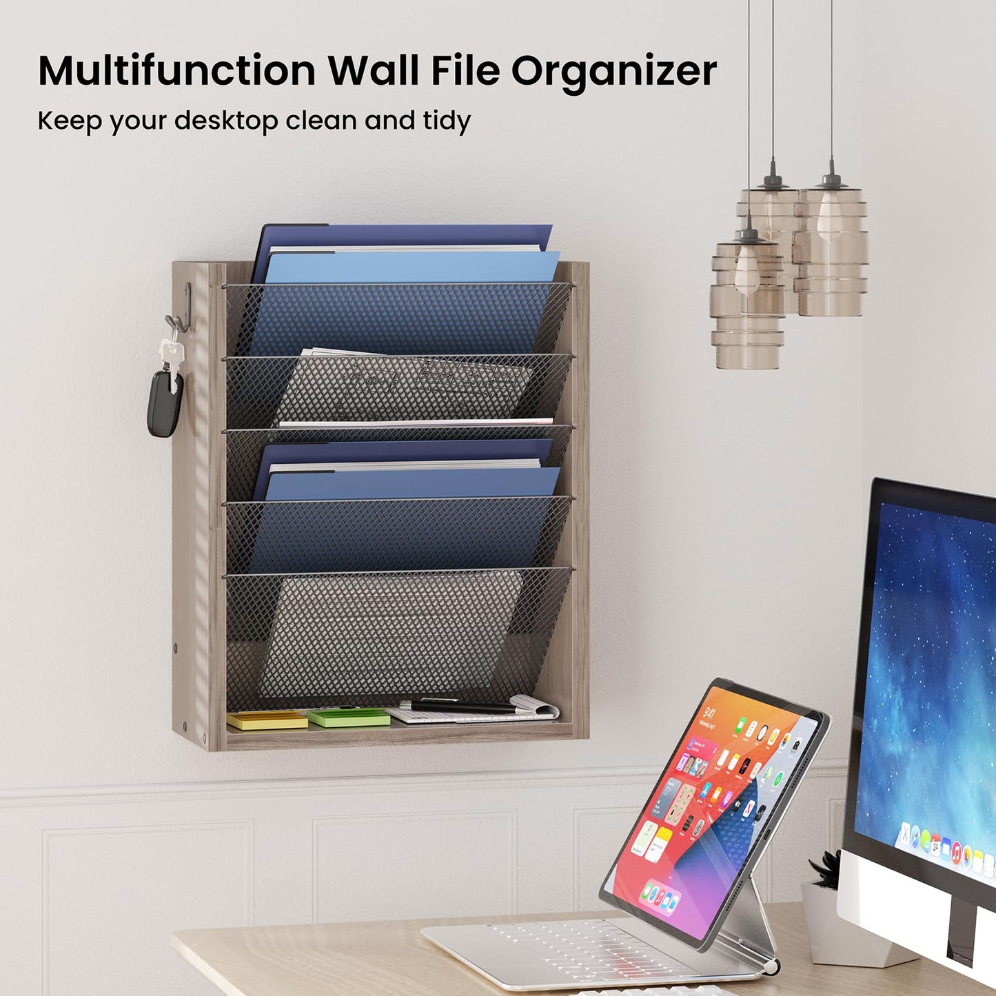Creso hom Mail Organizer Wall Mounted, 6-Tier Wall File Organizer with 2 Hooks, Wooden Desk Organizer Magazine Holder with Bottom Flat Tray, for Office Home, Greige