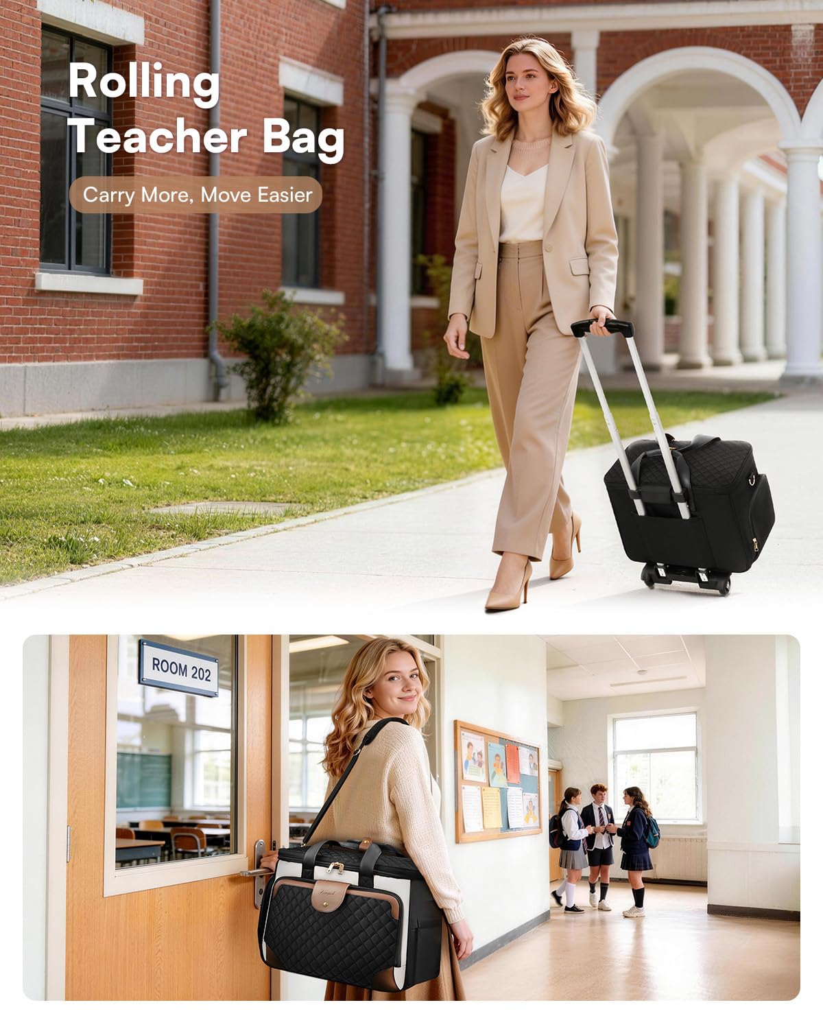 Arcoyard Rolling Teacher Bag with File Teacher Tote and Detachable Trolley, Large Rolling Bag for Work with 17.3 Inch Laptop Compartment, Work Bags for Women, Teaching, Nurse, Craft, Beige Brown