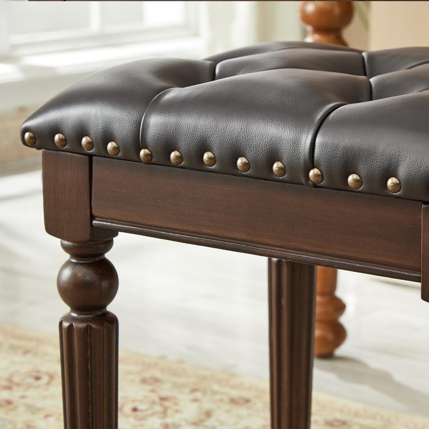 KIVSON Vanity Bench Stool with Microfiber Leather Cushion, Vanity Chair Ottoman Dressing Stool with Solid Wood Legs for Bedroom, Makeup Room, Dressing Room, Easy Assembly (Dark Brown)