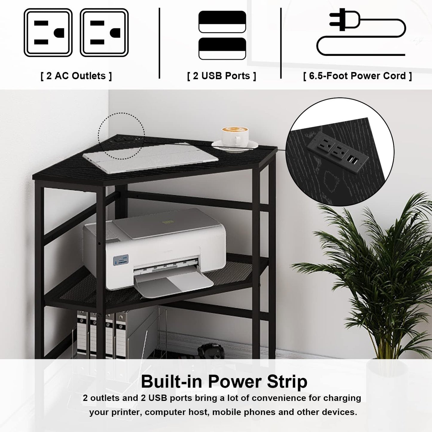 VEDECASA Corner Printer Stand Table with Power Outlet Charging Plugs USB Port Adjustable Storage Shelf Computer Tower CPU Stand Holder for Home Office (Black)