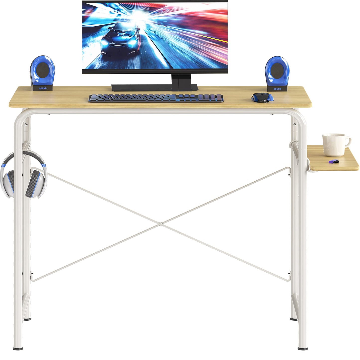 SHW Small Gaming Home Office Computer Desk with Shelf, Oak