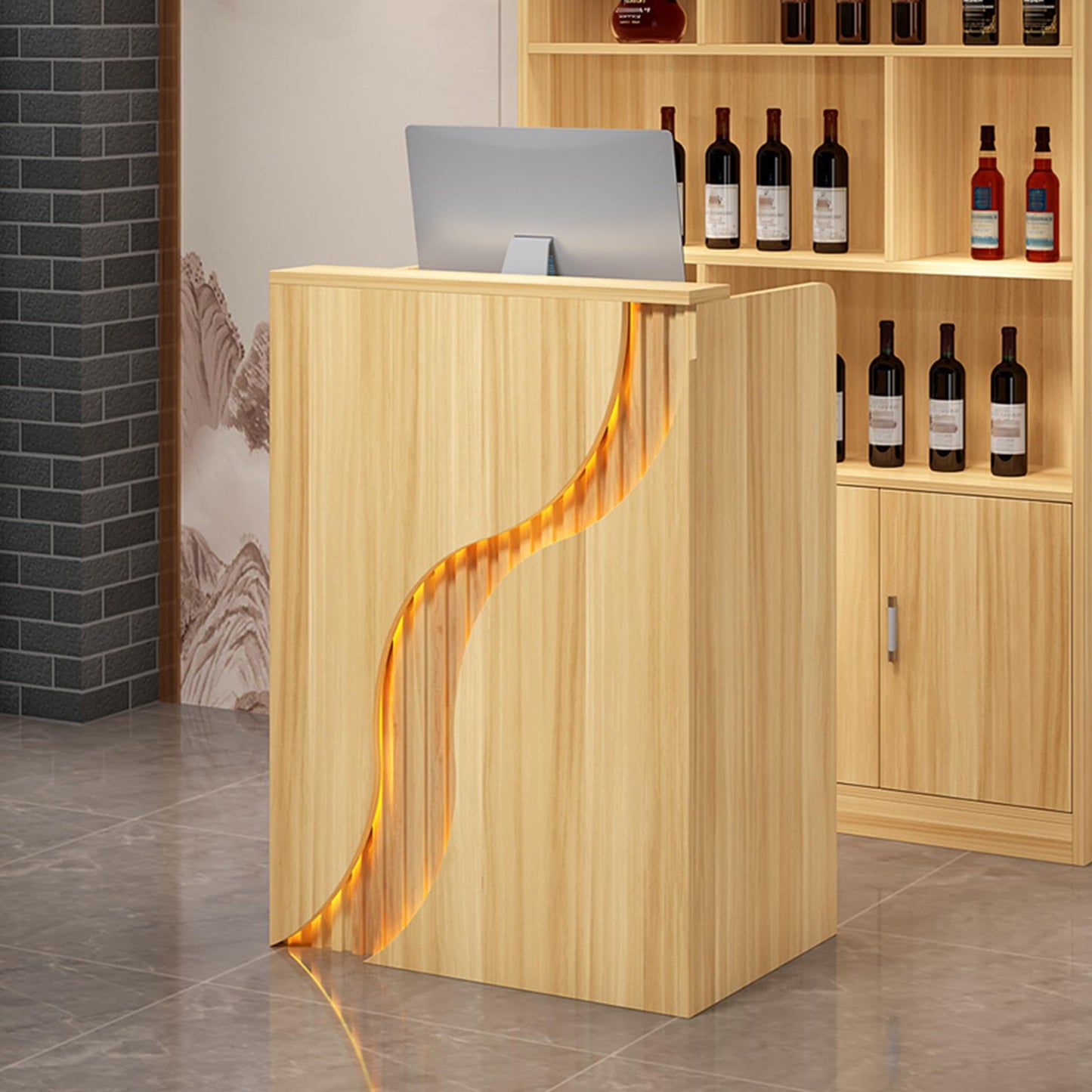 Modern Reception Desk with Lockable Drawers & Storage Cupboard, Modern Reception Desk Counter Table, MDF Checkout Front Desk with Cable Grommet Holes & Drawers, Cash Register Stand for Home,
