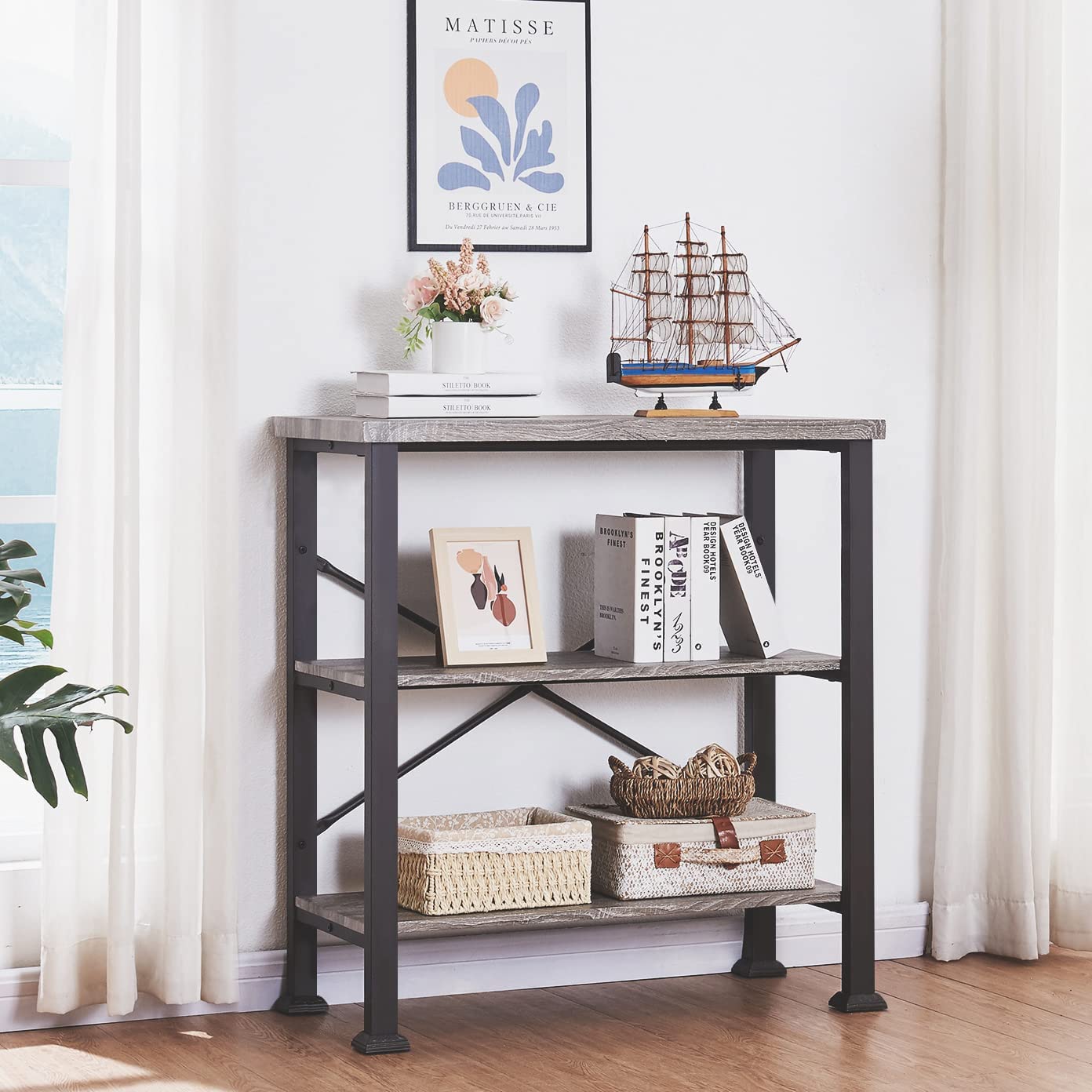 HOMBAZAAR 3 Tier Bookshelf,Grey Industrial Book Shelf,Engineered Wood and Metal Small Bookshelves,Low Shelf Bookcase for Living Room,Office,Bedroom and Kitchen