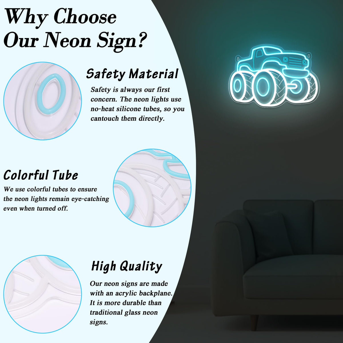 Truck Neon Signs for Wall Decor, Vehicle Neon Lights for Bedroom, Neon Wall Light Suitable for Living Office Game Room Christmas Gift for Truck Toys Lover - 5V USB Power with Hanging Chain Hooks