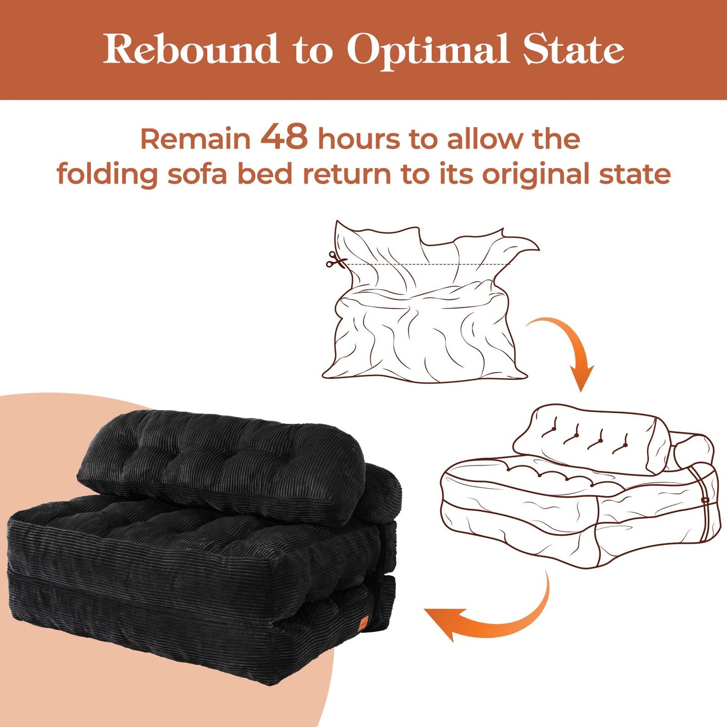 Vellorise Folding Sofa Bed, Convertible Sleeper Chair with Back Support and Pillow Futon, Boneless Matress, for Living Room/Guest Use/Home Office, Foldable Chair Bed for Adults, Black, Full