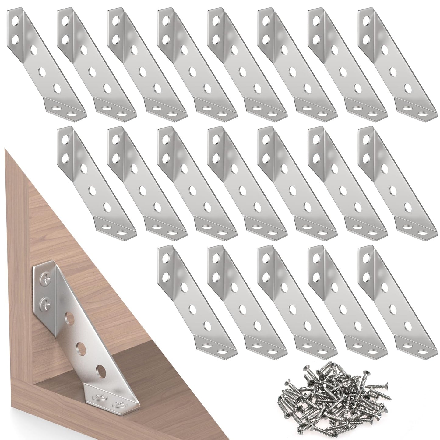 Aifeier ET 20PCS Furniture Corner Connector, Stainless Steel Corner Bracket Furniture Triangle Support Brace Angle Fasten Connector with 140 Screws for Wood Shelf, Cabinets, Tables, Chairs