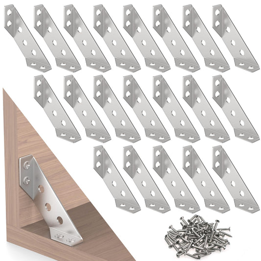 Aifeier ET 20PCS Furniture Corner Connector, Stainless Steel Corner Bracket Furniture Triangle Support Brace Angle Fasten Connector with 140 Screws for Wood Shelf, Cabinets, Tables, Chairs