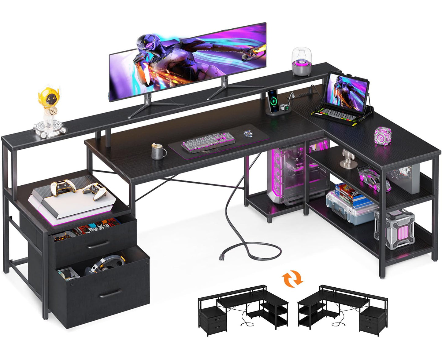 ODK 75" L Shaped Desk with File Drawers, Work from Home Office Desk with Power Outlet, Reversible Computer Desk with Storage Shelves, Gaming Desk with Monitor Shelf, Corner WFM Table, Black