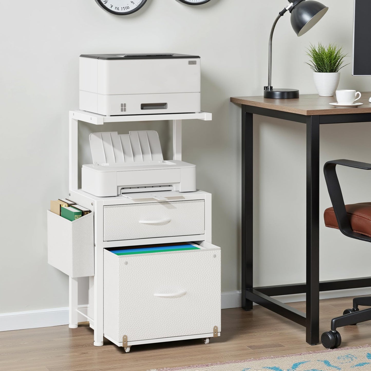 HIGDBFE File Cabinet with 2-Tier Shelf, Letter Size Drawer Filing Cabinet with Reversible Side Bag, Vertical Office Cabinet Printer Stand with Storage for Home Office, White, 16.5" W