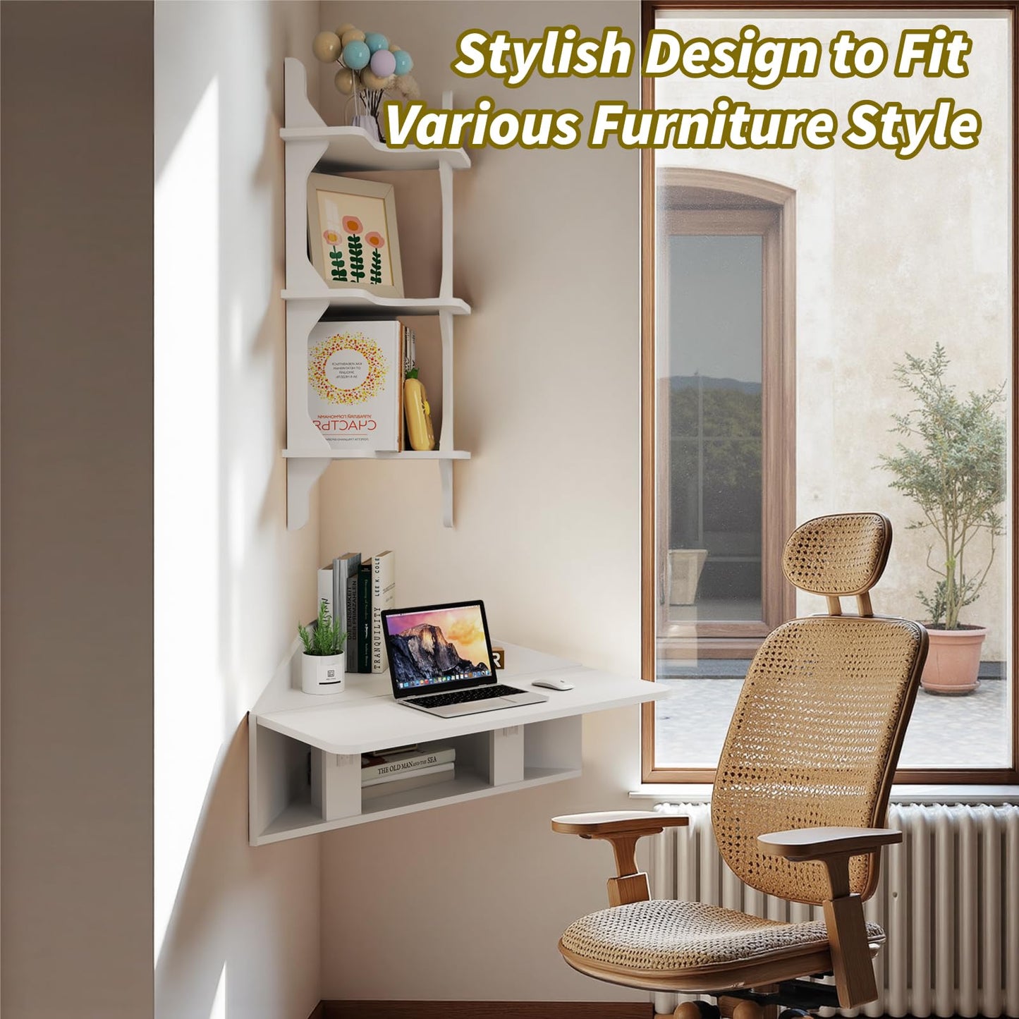 Pmnianhua Floating Corner Desk,Wall Mounted Table with Shelves,Folding Corner Shelf,Wall Corner Shelf for Small Space Computer(Grayish White)