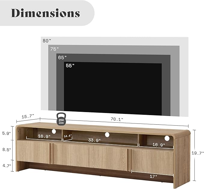 AMERLIFE Modern TV Stand for TVs up to 80", 70 inch Fluted TV Console