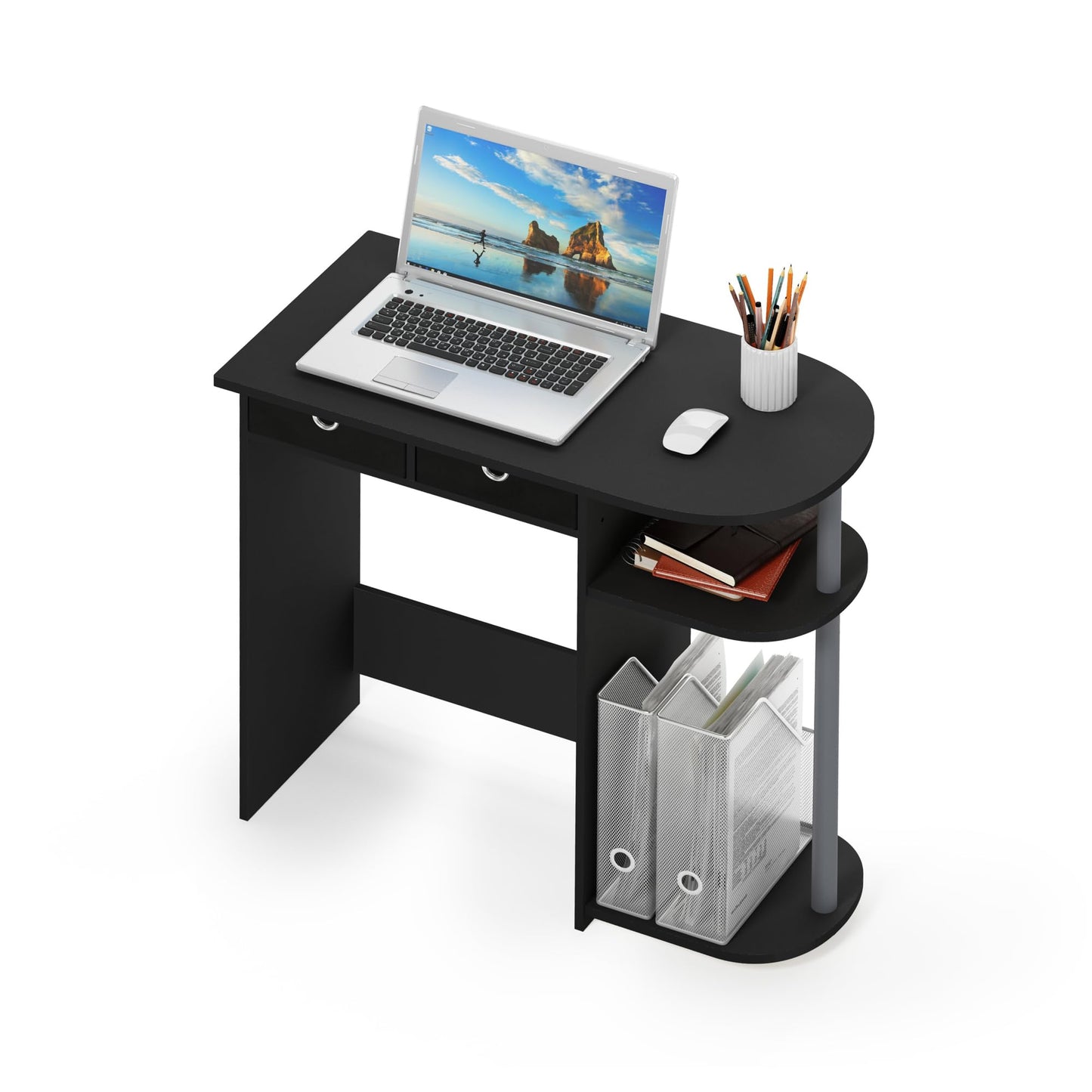 Furinno Go Green 32-Inch Black Computer Desk, Office Desk with 2 Side Shelves and Storage Bins, Rectangular Home Office Desk, Gaming Desk for Home Office, Bedroom, Study Room, Classic Black