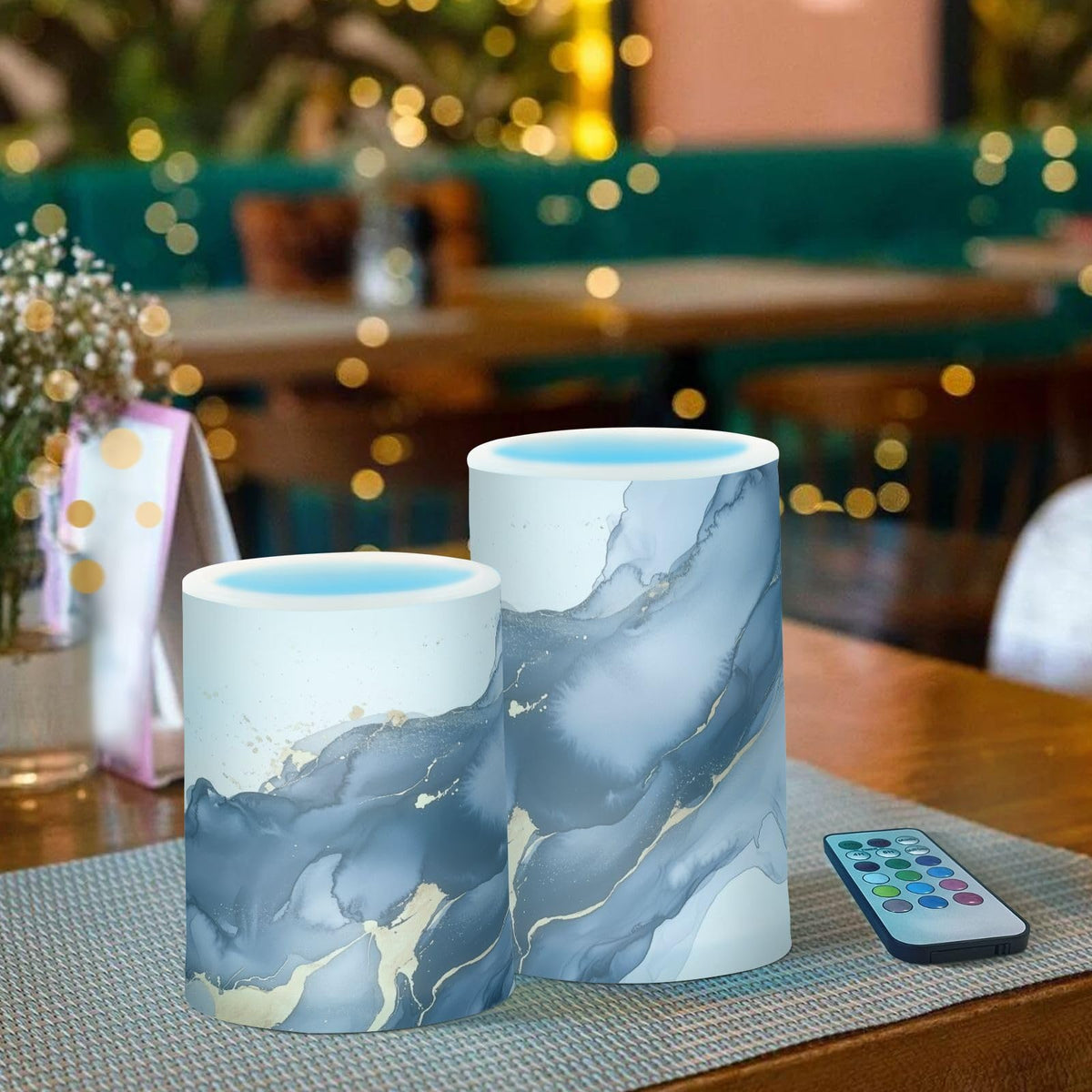 WEVIBOFU Blue and Gray Gold Marble Flickering Flameless Candles LED Battery Operated with Remote Timer Pillar Candles for Home Birthday Wedding Christmas Decor, Set of 2
