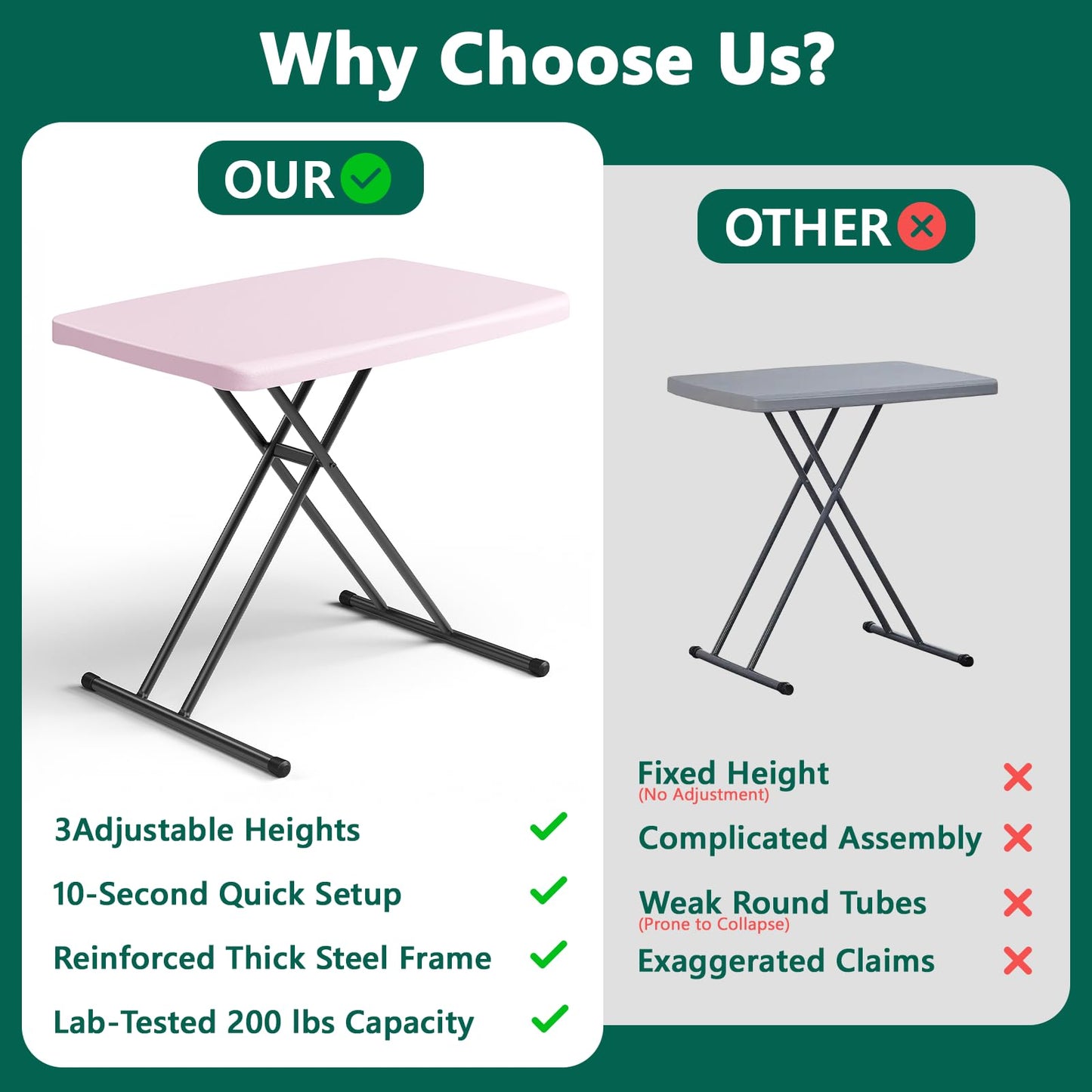 FurniEdge 30 Inch Folding Table, Adjustable Height TV Tray for Small Spaces, Heavy Duty Foldable Utility Table for Laptop, Dining, Camping, No Assembly, 200 lbs Capacity, Pink Granite