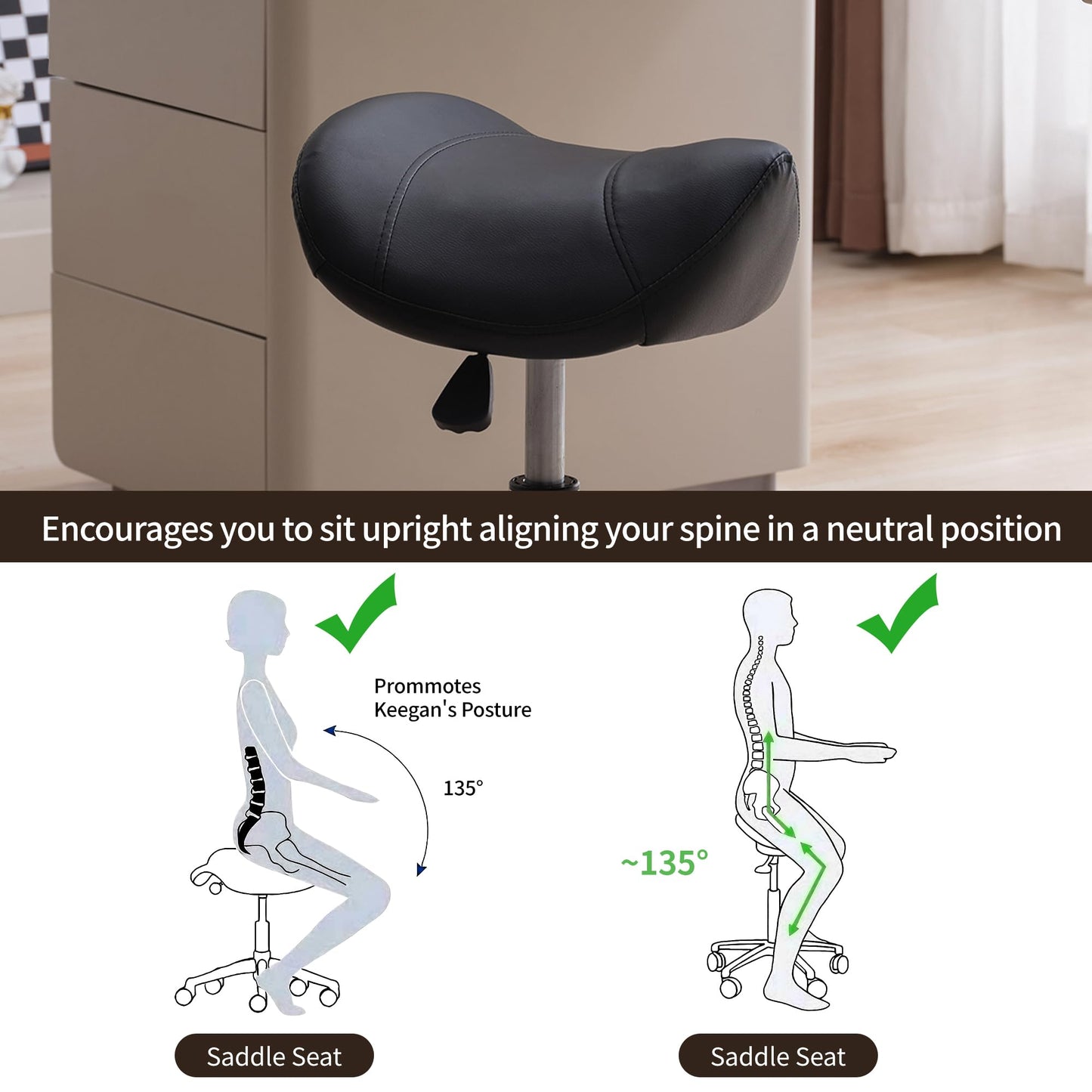 FIRAVOE Saddle Stool, Swivel Saddle Stools with Wheels, Adjustable Rolling Stool 18"-26", Faux Leather Rolling Saddle Stool for Salon, Massage, Clinic, Lab, Office (Black, 1PCS (18"-26"))