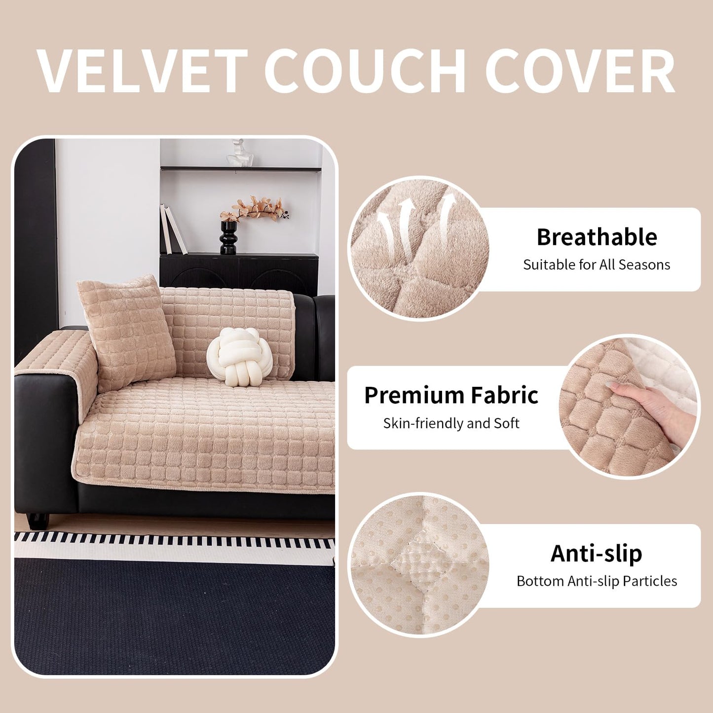 MDSASFD Velvet Couch Cover, Washable Sectional Sofa Cover, Anti Slip Sofa Slipcover for 3 Cushion Couch Sofa L Shaped Armrest Backrest, Furniture Protector Covers for Pets Kids(Khaki, Only 1 PCS)