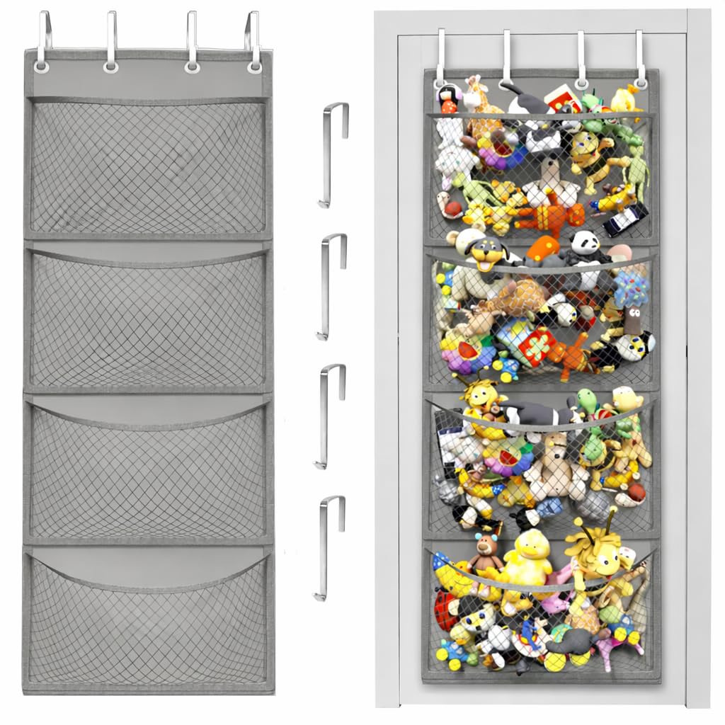 Honeyera Storage for Stuffed Animal - Over Door Organizer for Stuffies, Baby Accessories, and Toy Plush/Easy Installation with Breathable Hanging Pockets (Gray)