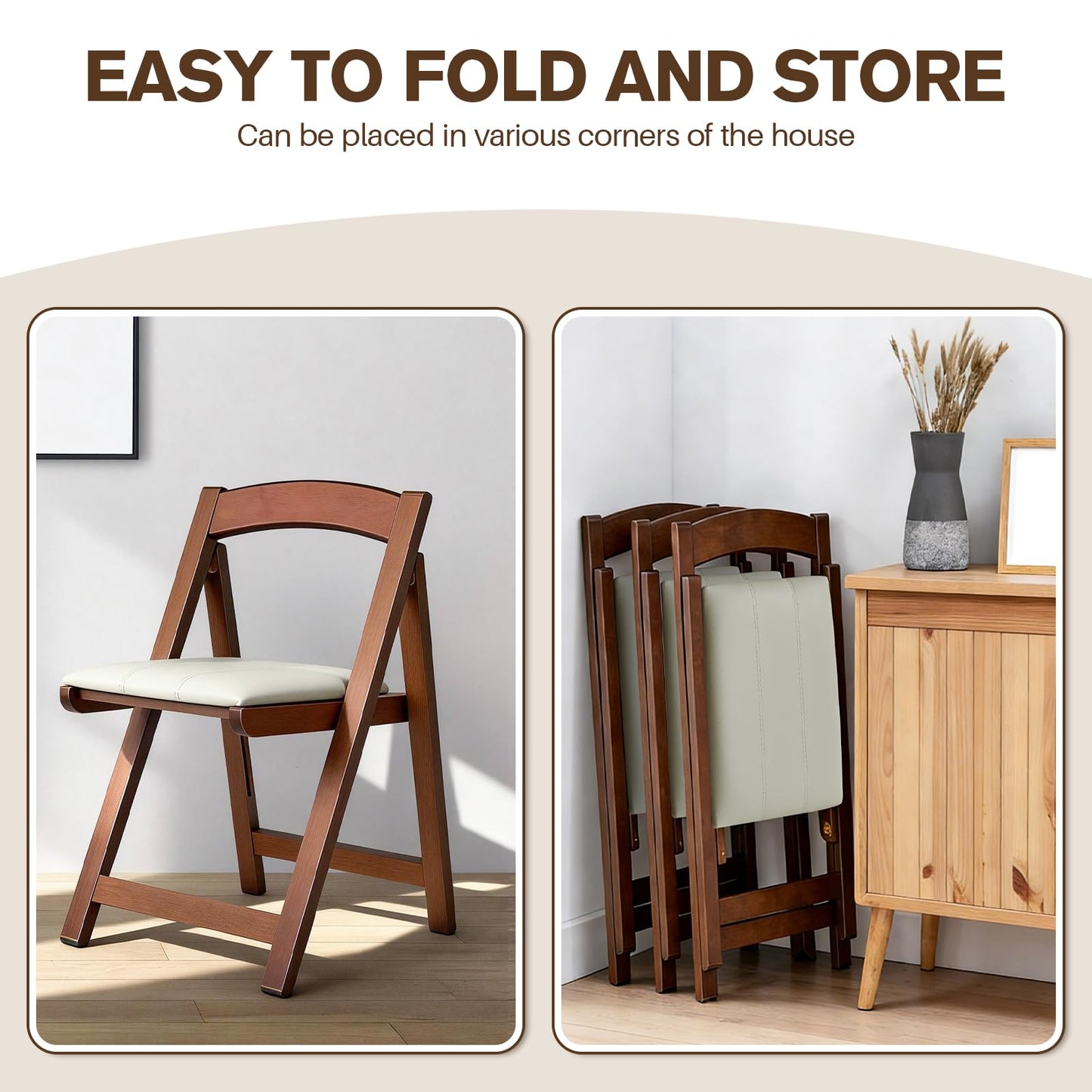 Wooden Folding Chairs Set of 2, Padded Folding Dining Chairs with Leather Soft Cushion, No Assembly Required Foldable Chair for Home Kitchen Office Party Picnic Wedding, 290 LB Max Weight Capacity